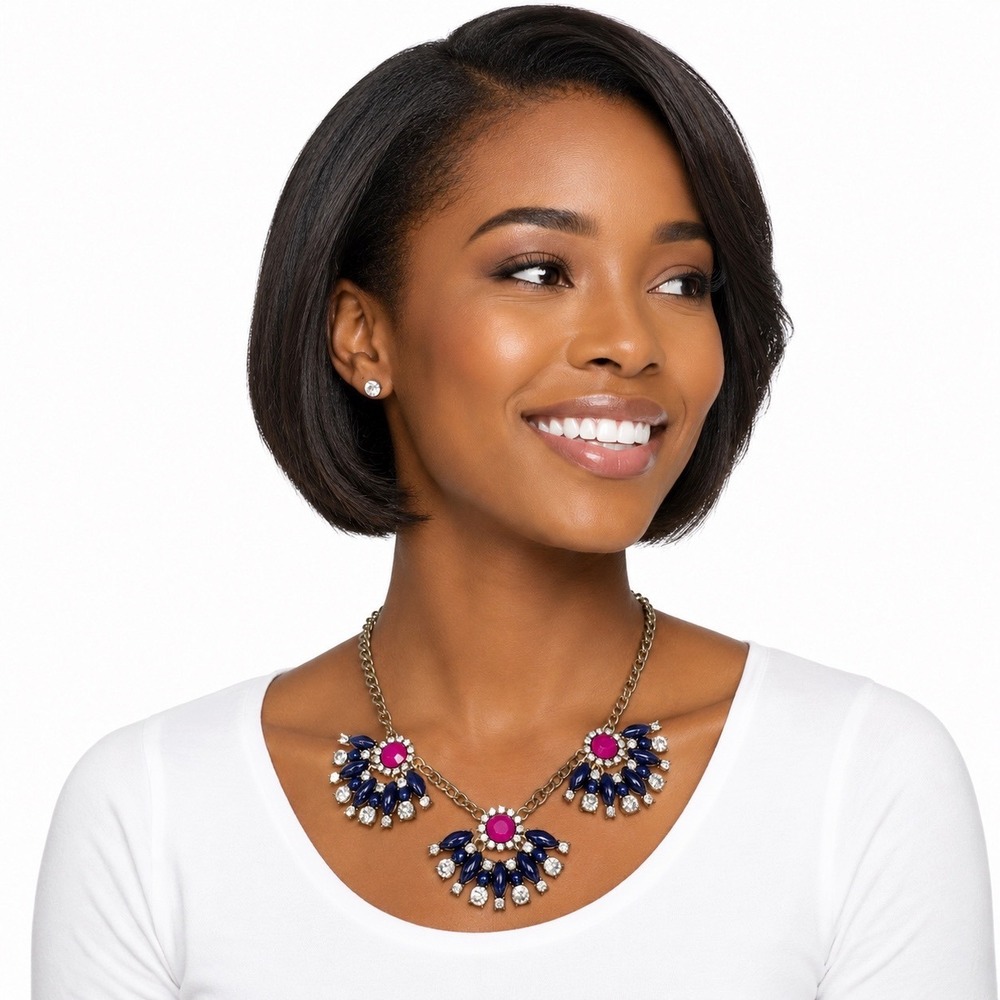 J. Crew Pink Navy Blue Rhinestone Bib Necklace Brass Tone‎ Chain Classic 103-151